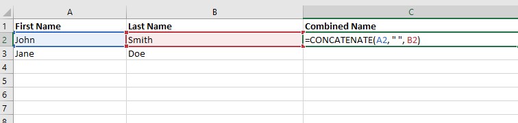 screenshot showing simple concatenate function to join first and last names