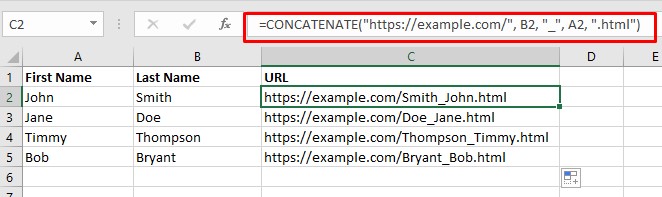 screenshot show concatenate function to create a URL by joining last name, first name, and a web domain