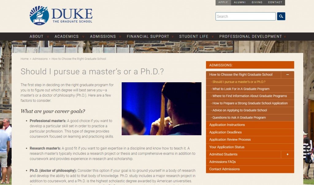 Screenshot of page on the difference between a master's and a Ph.D.