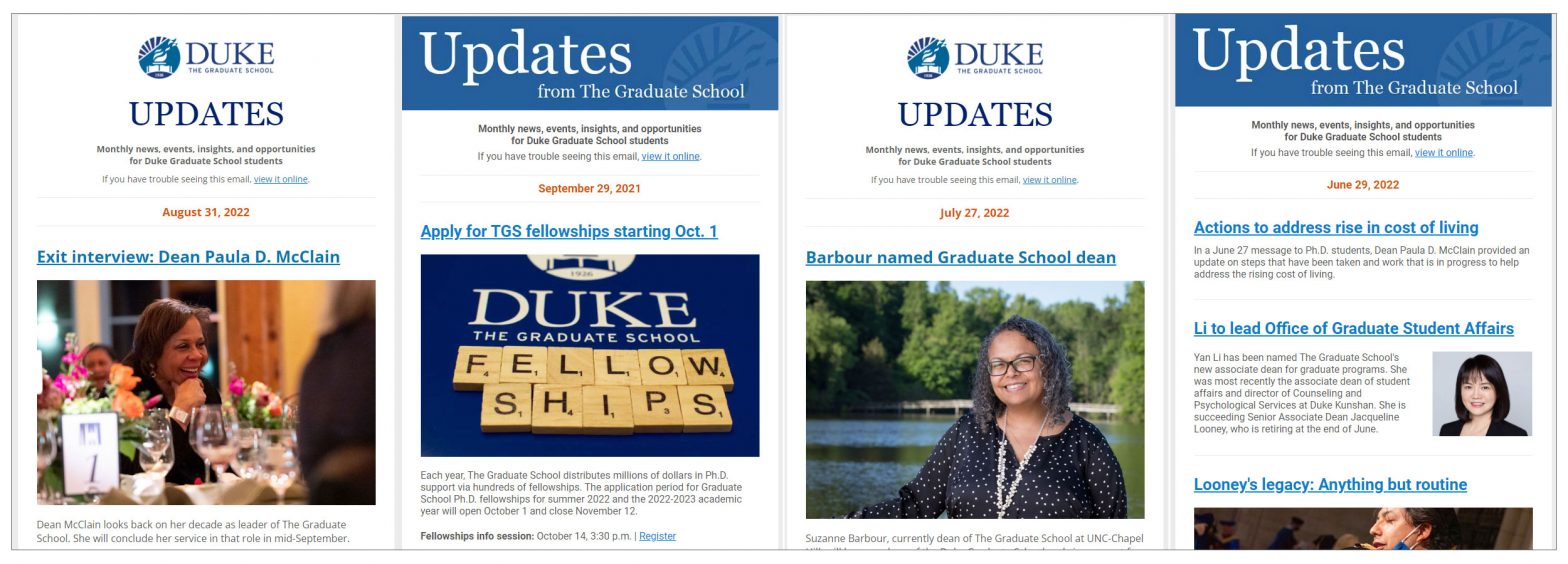 Screenshots of 4 issues of the Graduate School newsletters