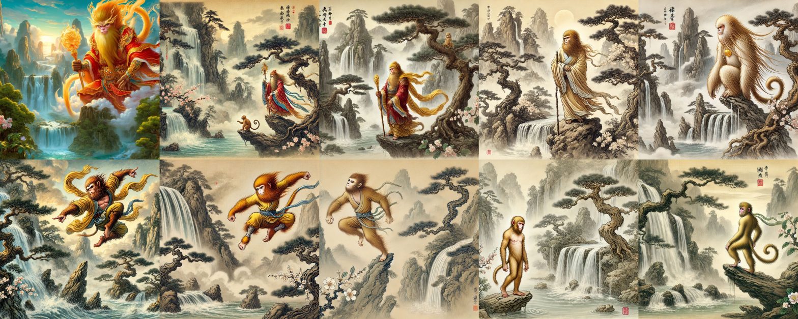 Composite of 10 AI-generated images of the monkey king