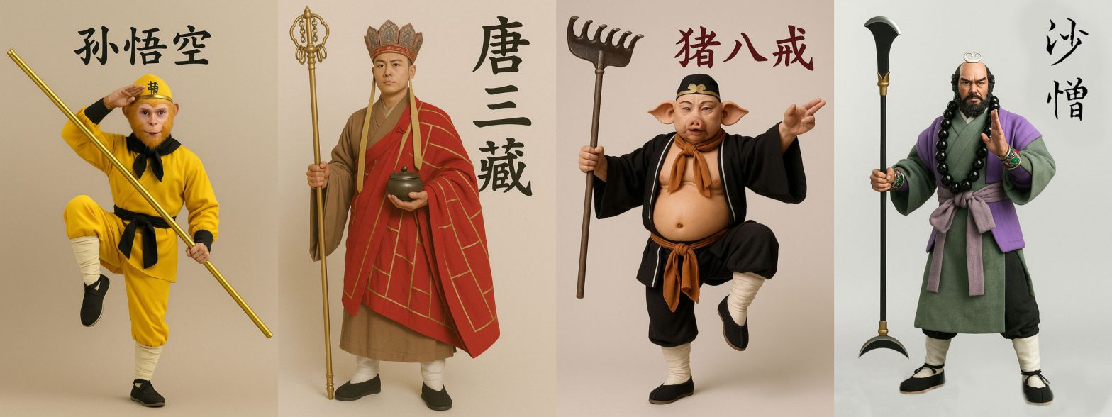 A collage of ChatGPT-generated action figures of the four major characters from Journey to the West.