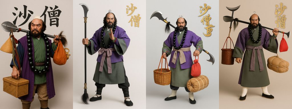 A row of 4 images of the character Sandy from Journey to the West, generated by ChatGPT. All the images are hilariously off-base in their rendering of Sandy's spade.