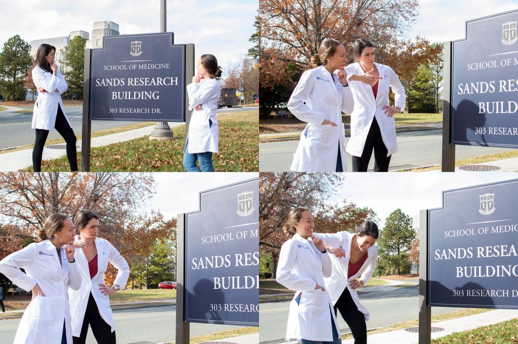 Collage of the students pretending to be looking at the sign with puzzled expressions on their faces.
