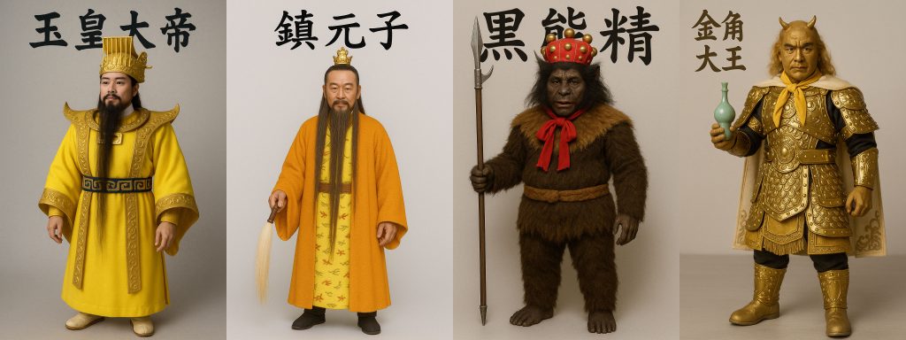 A row of 4 images of action figures generated by ChatGPT that had odd proportions. They generally look too short and stocky, with their arms hanging down too far.